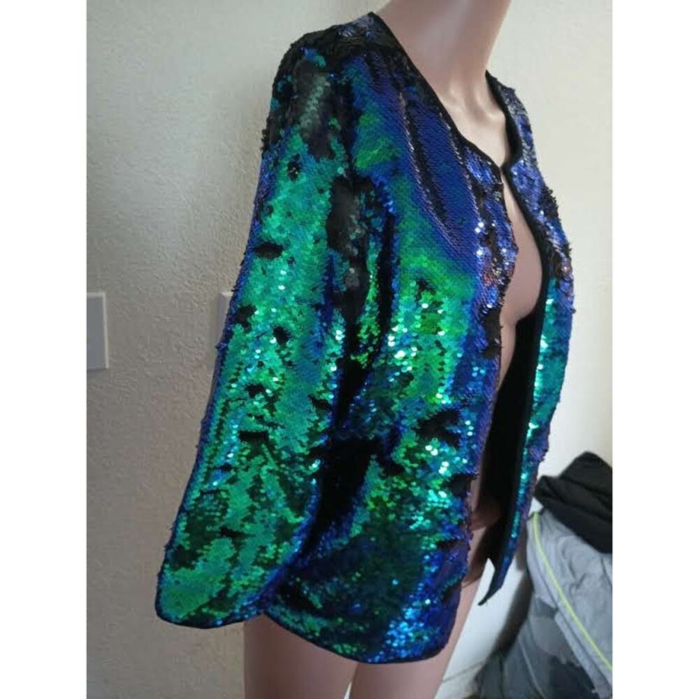 Stella Green Blue Sequin Open Front Jacket Size L W011 - Picture 5 of 9